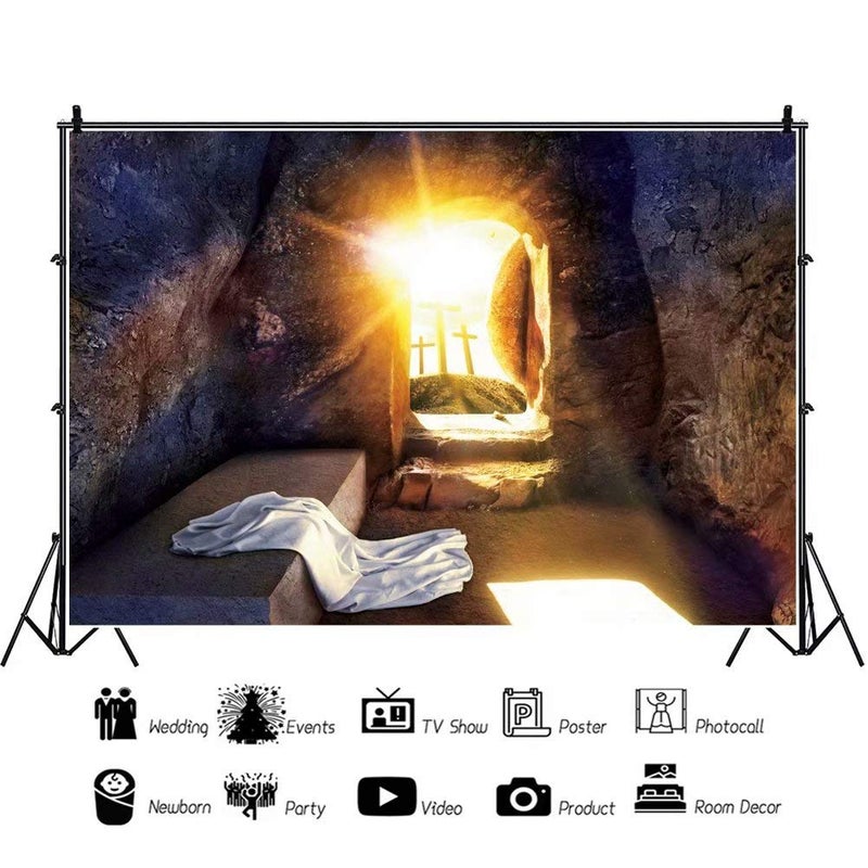 DASHAN 7x5ft Polyester Easter Tomb Cross Holy Light Christian Backdrop for Church God Bless Jesus Religious Prayer Crucifixion Photography Background Resurrection Christian Church Baptism Photo Prop - Image 3